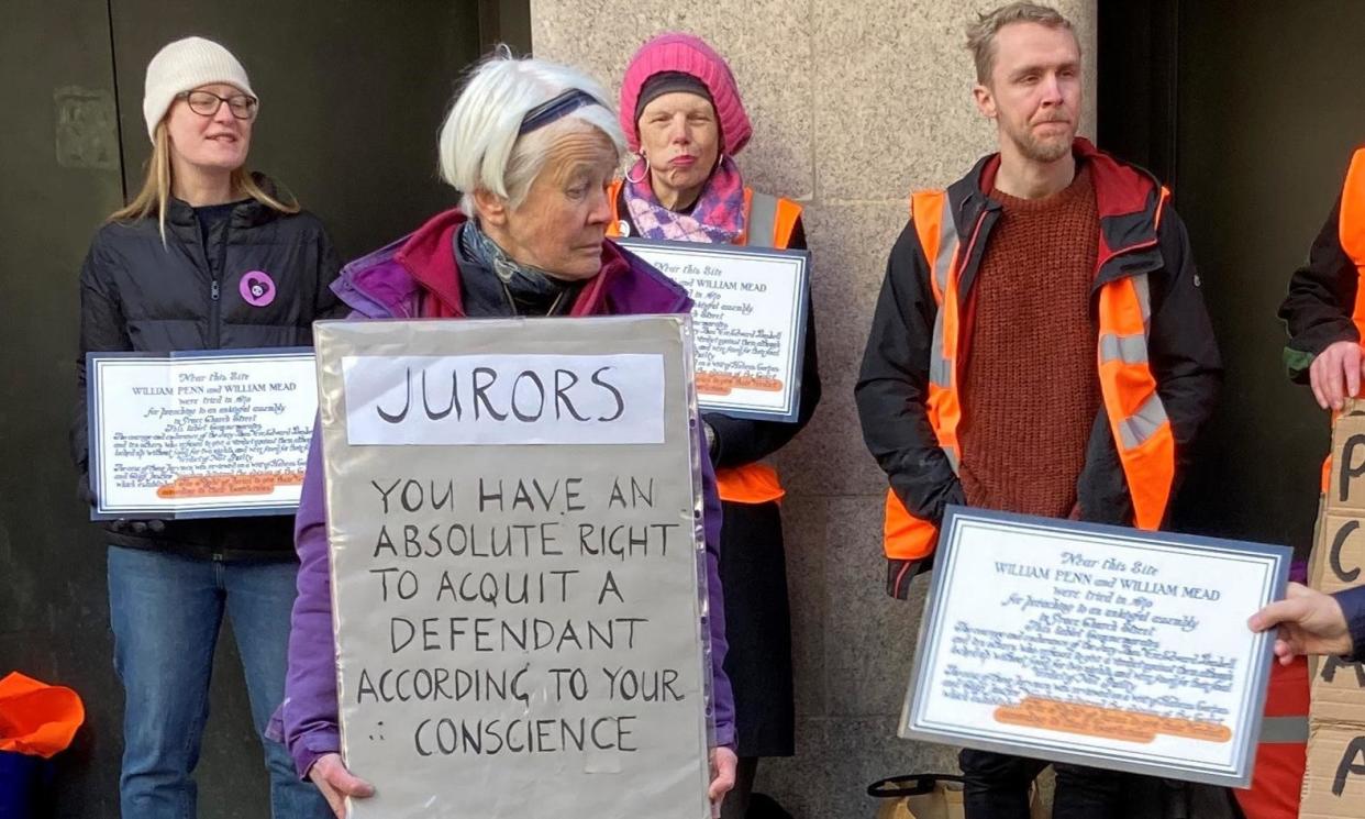 <span>Trudi Warner and supporters on 4 April last year holding up signs outside the Old Bailey in central London. </span><span>Photograph: Emily Pennink/PA</span>