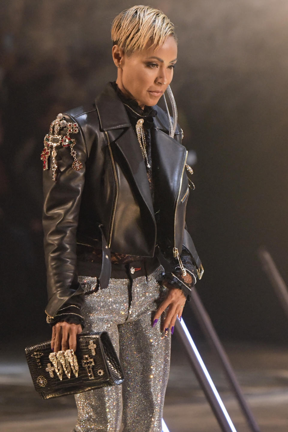 Jada Pinkett Smith walking on the runway at the Jada Philipp Plein Runway Full Lengths Men Ready to Wear F20 Milano (Photo by Mondadori Portfolio/Mondadori Portfolio/Sipa USA)