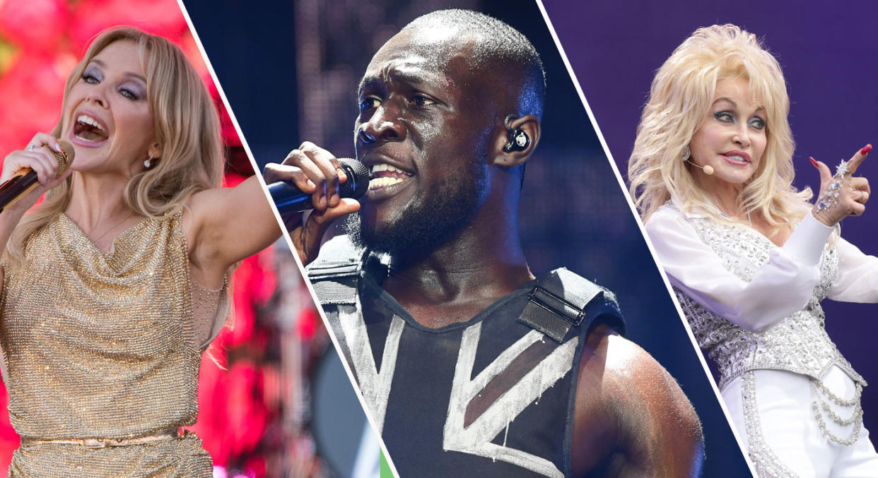 Kylie Minogue, Stormzy and Dolly Parton performing at Glastonbury