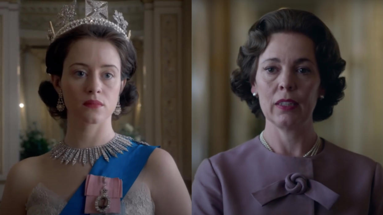  Queen Elizabeth actors Claire Foy in Season 1 and Olivia Colman in Season 3 of the Crown (side by side) 