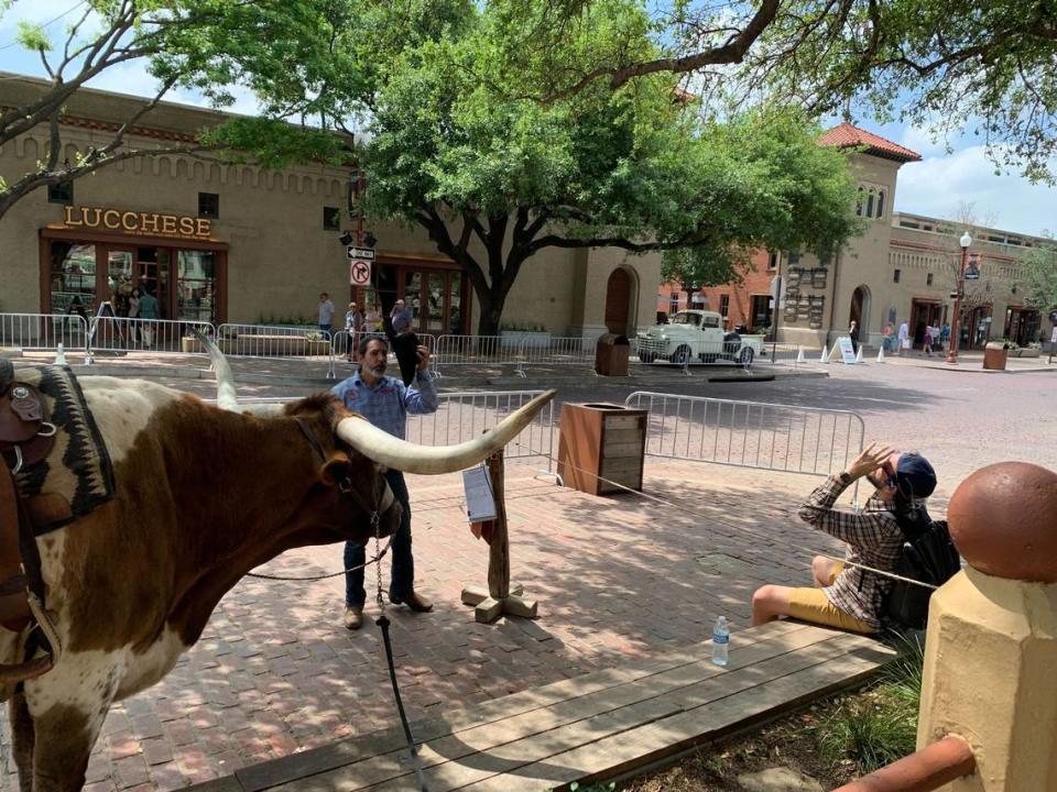 People in the Fort Worth Stockyards watch as the total eclipse nears on Monday, April 8, 2024. Jaime Moore-Carrillo/jmoore-carrillo@star-telegram.com