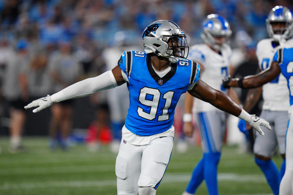 Carolina Panthers defensive end Kobe Jones celebrates after the Detroit Lions missed a field goal during the first half of a preseason NFL football game Friday, Aug. 25, 2023, in Charlotte, N.C. (AP Photo/Jacob Kupferman)