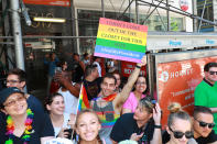 <p>A man holds up “Not My President” sign at the N.Y.C. Pride Parade in New York on June 25, 2017. (Photo: Gordon Donovan/Yahoo News) </p>