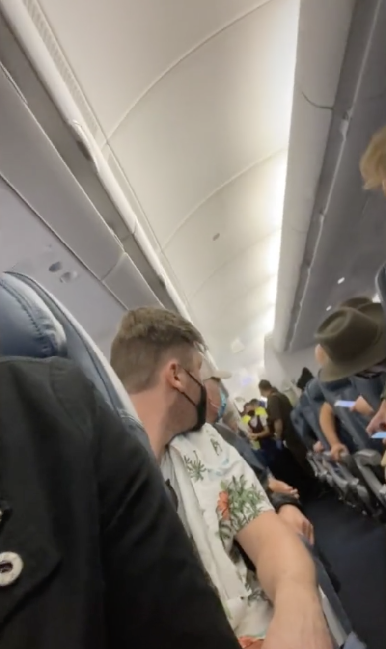 Passengers look back at a woman who gave birth on a Delta Airlines flight, a moment captured in a TikTok video.
