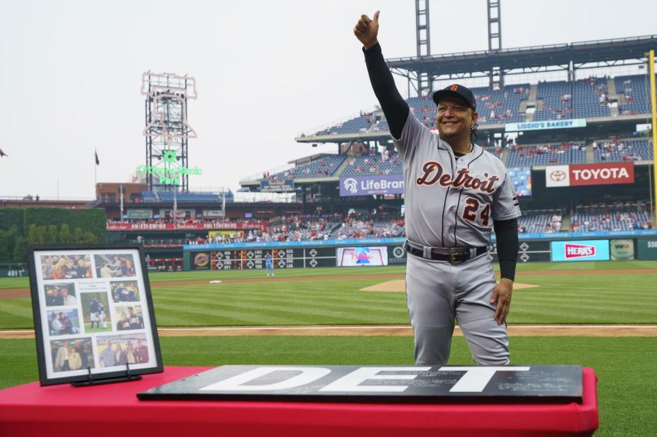 Miguel Cabrera reacts as he is honored by the Philadelphia Phillies