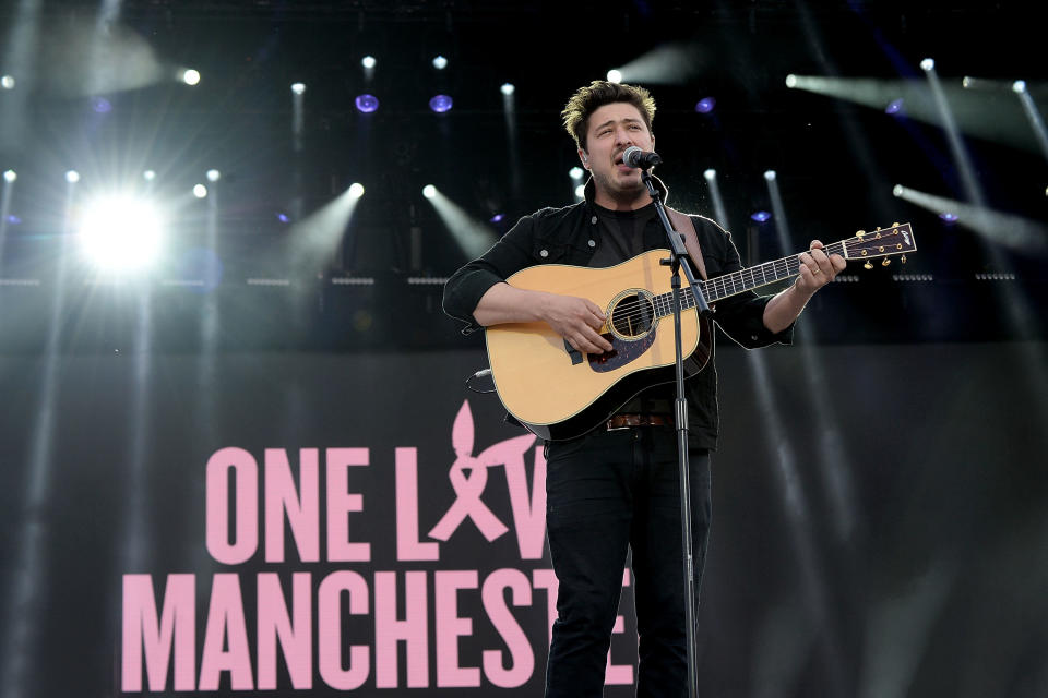 Marcus Mumford performs on stage during the One Love Manchester Benefit Concert at Old Trafford on June 4, 2017 in Manchester, England.&nbsp;