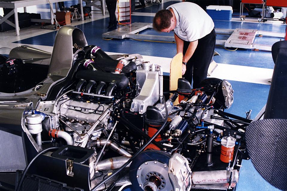 DAYTONA BEACH, FL - 2000: A mechanic works on one of the Northstar V8 engines that were used to power the Cadillac Northstar LMPs entered at Daytona International Speedway in the Rolex 24 at Daytona. (Photo by ISC Images & Archives via Getty Images)