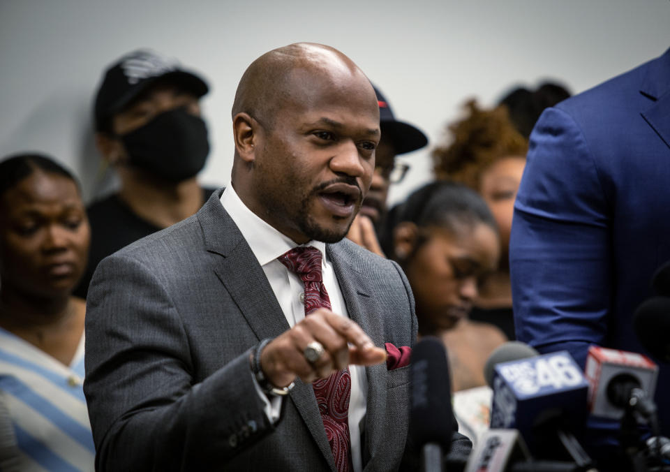 L. Chris Stewart, an attorney for the family of Rayshard Brooks, speaks at a news conference on Monday, June 15, 2020, in Atlanta. The Brooks family and their attorneys spoke to the press just days after Rayshard Brooks was shot and killed by police at a Wendy's restaurant parking lot in Atlanta. The family wants the officers involved in Brooks' death arrested and prosecuted. (AP Photo/Ron Harris)