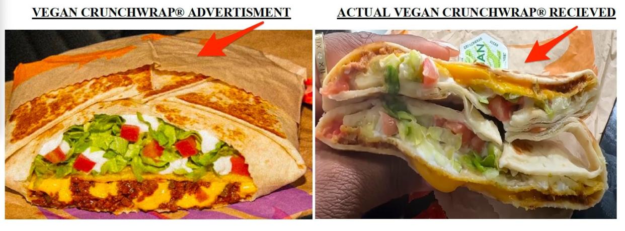 A comparison of an ad for Taco Bell's Vegan Crunchwrap and a Crunchwrap a customer received.