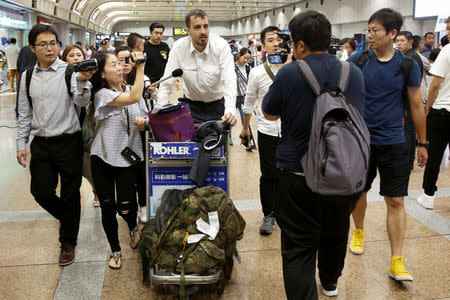 U.S. tourist Nicholas Burkhead speaks to the media after he arrived from Pyongyang at the airport in Beijing, China August 31, 2017. REUTERS/Thomas Peter