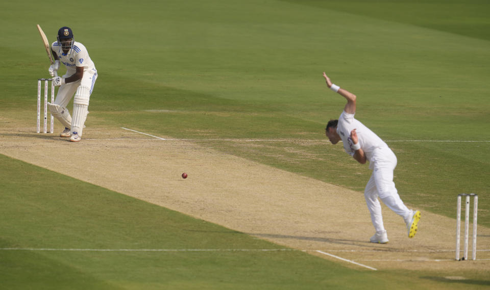 England's James Anderson bowls to India's Ravichandran Ashwin on the second day of the second test match between India and England, in Visakhapatnam, India, Saturday, Feb. 3, 2024. (AP Photo/Manish Swarup)