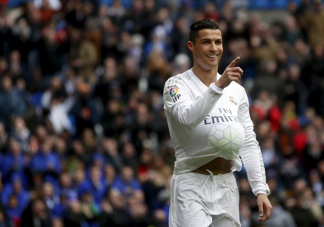 Cristiano Ronaldo of Real Madrid celebrates following his team's 2-0 in  2023