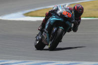 Yamaha rider Fabio Quartararo of France rides on his way to winning the MotoGP race during the Andalucia Motorcycle Grand Prix at the Angel Nieto racetrack in Jerez de la Frontera, Spain, Sunday July 26, 2020. (AP Photo/David Clares)