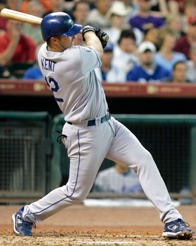 Los Angeles Dodgers' Jeff Kent swings for a RBI double, his second of the game, in the third inning against the Houston Astros in a baseball game Wednesday, July 2, 2008, in Houston. (AP Photo/Pat Sullivan)