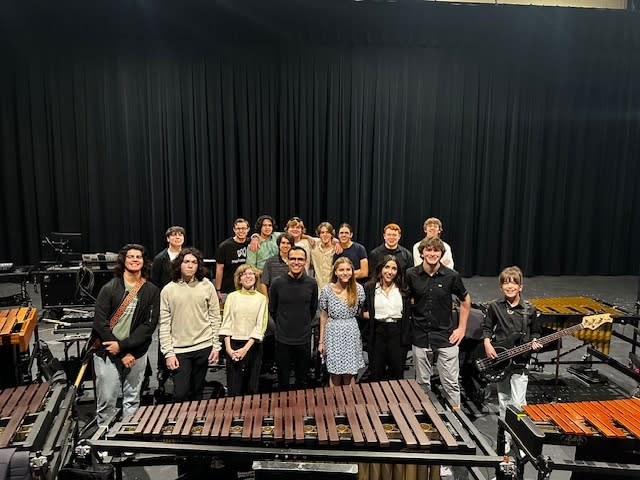 Dripping Springs percussion ensemble with composer and UT professor Ivan Trevino. (Photo courtesy: Matt Ehlers)