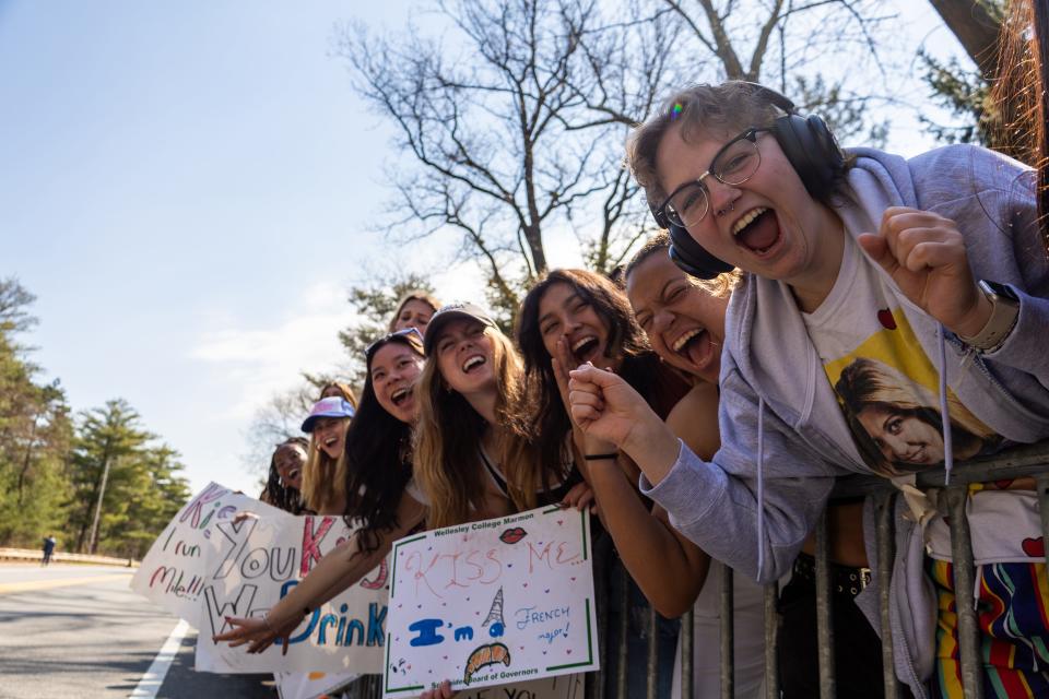 From front to back, Wellesley College students Maggie Abernethy, Gina Jones, Saniya Kodavarti, Sarah Wicker and Alena Mulhern make sure the Scream Tunnel lives up to its name during the 128th running of the Boston Marathon, April 15, 2024.