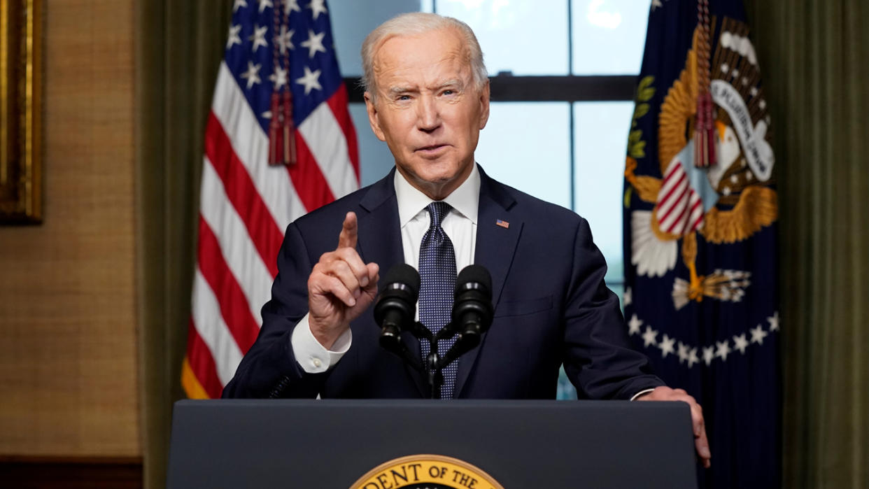 U.S. President Joe Biden delivers remarks on his plan to withdraw American troops from Afghanistan, at the White House, Washington, U.S., April 14, 2021. (Andrew Harnik/Pool via Reuters)