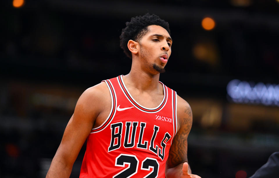 Nov 21, 2018; Chicago, IL, USA; Chicago Bulls guard Cameron Payne (22) reacts during the first half against the Phoenix Suns at the United Center. Mandatory Credit: Mike DiNovo-USA TODAY Sports