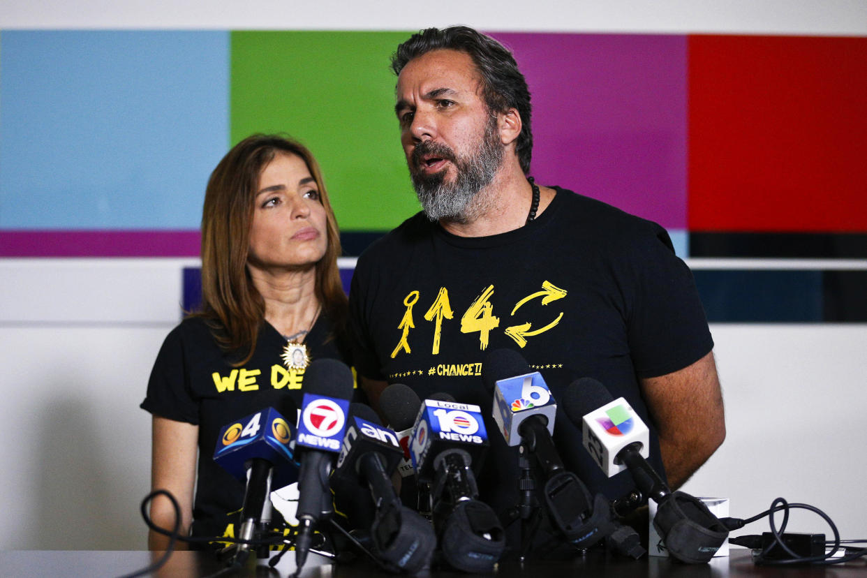 Manuel and Patricia Oliver, parents of Parkland high school shooting victim Joaquin Oliver, speak to the media in Miami on June 5, 2018. (Brynn Anderson / AP file)