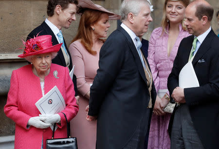 Britain's Queen Elizabeth II leaves the chapel after the wedding of Lady Gabriella Windsor and Thomas Kingston at St George's Chapel in Windsor Castle, near London, Britain May 18, 2019. Frank Augstein/Pool via REUTERS