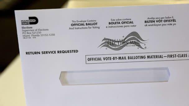 PHOTO: A vote-by-mail ballot envelope is shown to the media at the Miami-Dade Election Department headquarters, July 21, 2022, in Miami. (Joe Raedle/Getty Images)