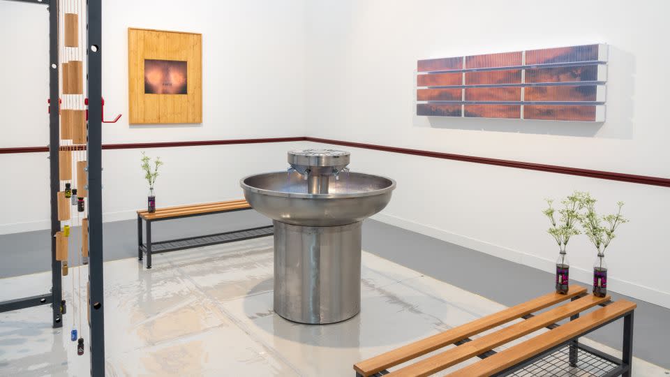 Adam Farah-Saad's debut at the Public Gallery booth included a steel 6-person fountain pumping KA grape soda. - Courtesy of Public Gallery