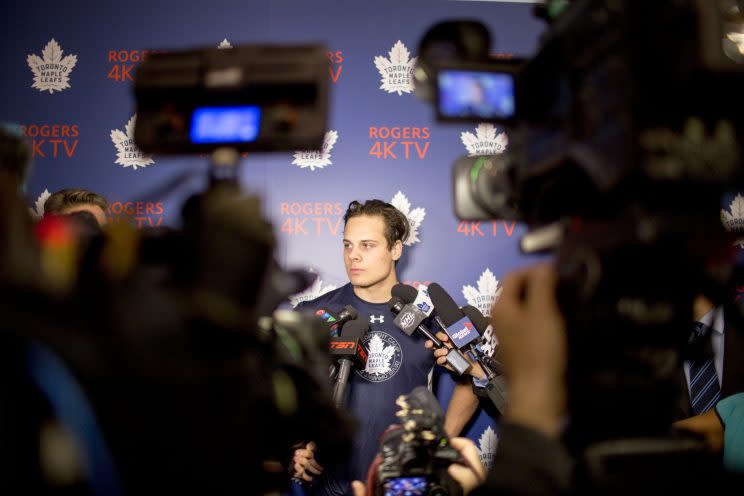 TORONTO, ON - JULY 4: Toronto Maple Leafs first pick overall Auston Matthews participates in the Leafs Development Camp. The Toronto Maple Leafs held their first rookie camp at the Mastercard Centre for Hockey Excellence. (Carlos Osorio/Toronto Star via Getty Images) 