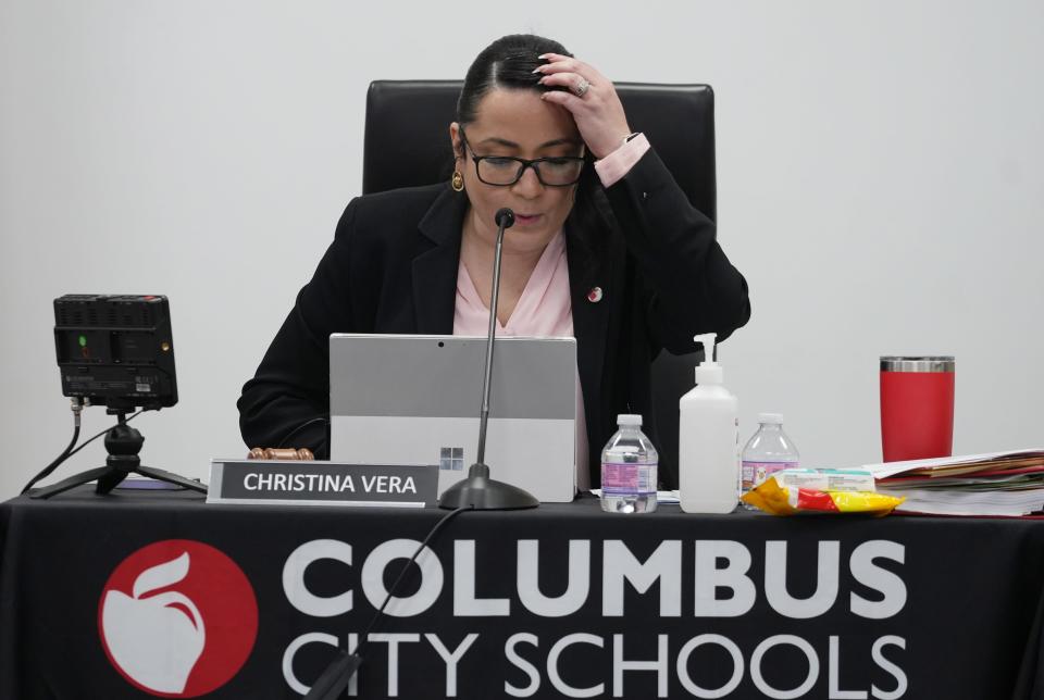 Columbus City school board President Christina Vera calls the meeting to order after board member Brandon Simmons both apologized and placed blame for a leaked memo concerning school board policies on school closures.