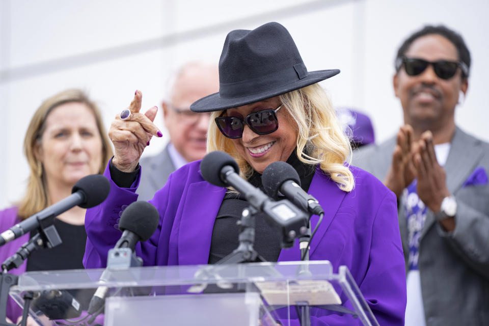 Sharon Nelson, Prince's sister, speaks to the press before Minnesota Gov. Tim Walz signed a bi-partisan bill renaming a 7-mile stretch of Highway 5 as "Prince Rogers Nelson Memorial Highway", Tuesday, May 9, 2023, at Paisley Park in Chanhassen, Minn. (Alex Kormann/Star Tribune via AP)