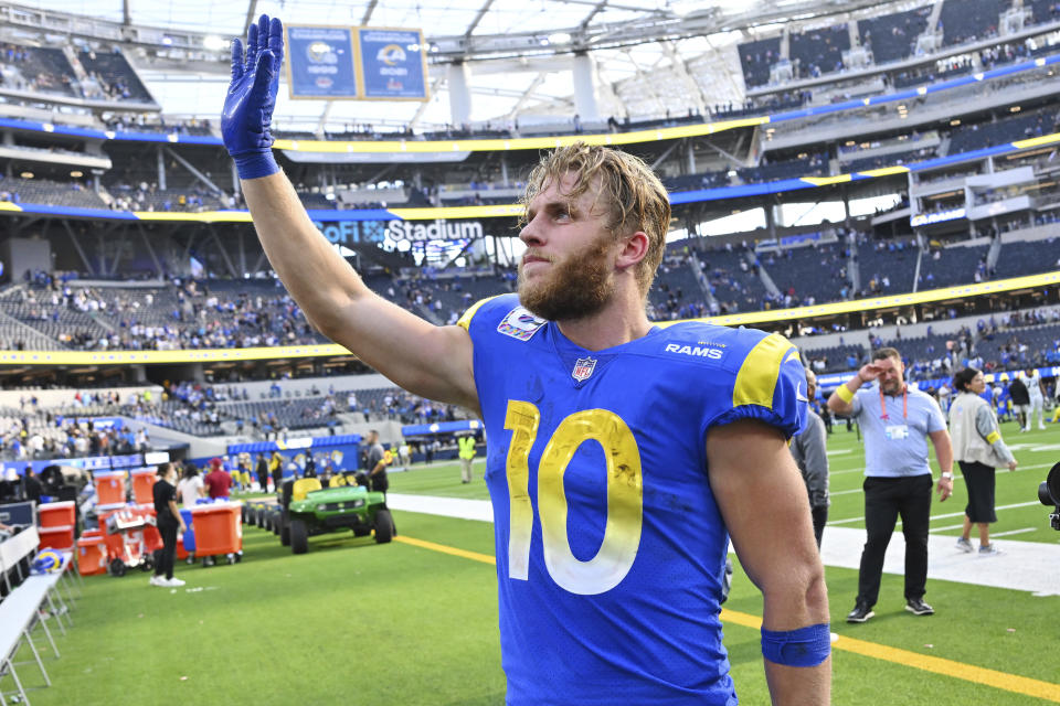 Los Angeles Rams wide receiver Cooper Kupp (10) walks off the field after a 24-10 win over the Carolina Panthers during an NFL football game Sunday, Oct. 16, 2022, in Inglewood, Calif. (AP Photo/Jayne Kamin-Oncea)