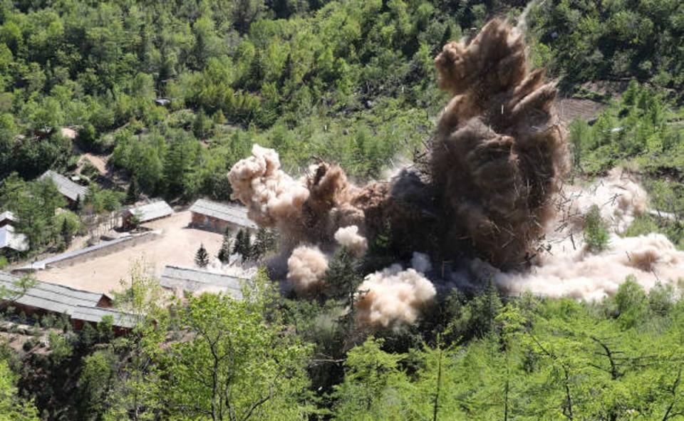 Punggye-ri nuclear test site being demolished on 24 May 2018 in North Korea (News1 via Getty Images)