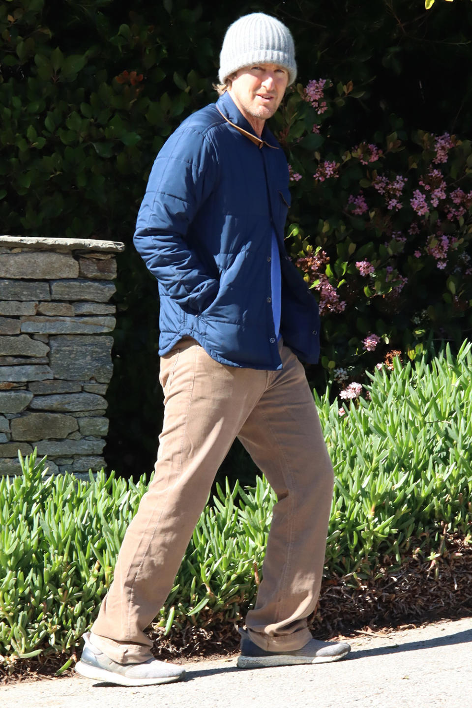 <p>Owen Wilson sports a gray beanie and khaki slacks as he goes for a walk near L.A. on Monday.</p>