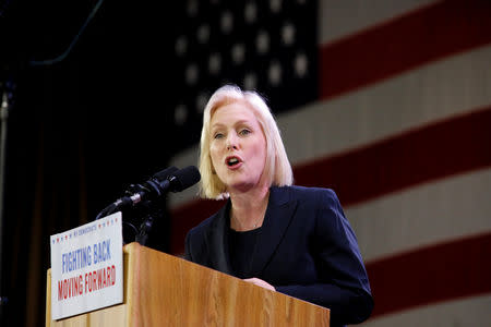 Democratic senator Kirsten Gillibrand addresses the crowd after news of her reelection at the midterm election night party in New York City, U.S. November 6, 2018. REUTERS/Caitlin Ochs