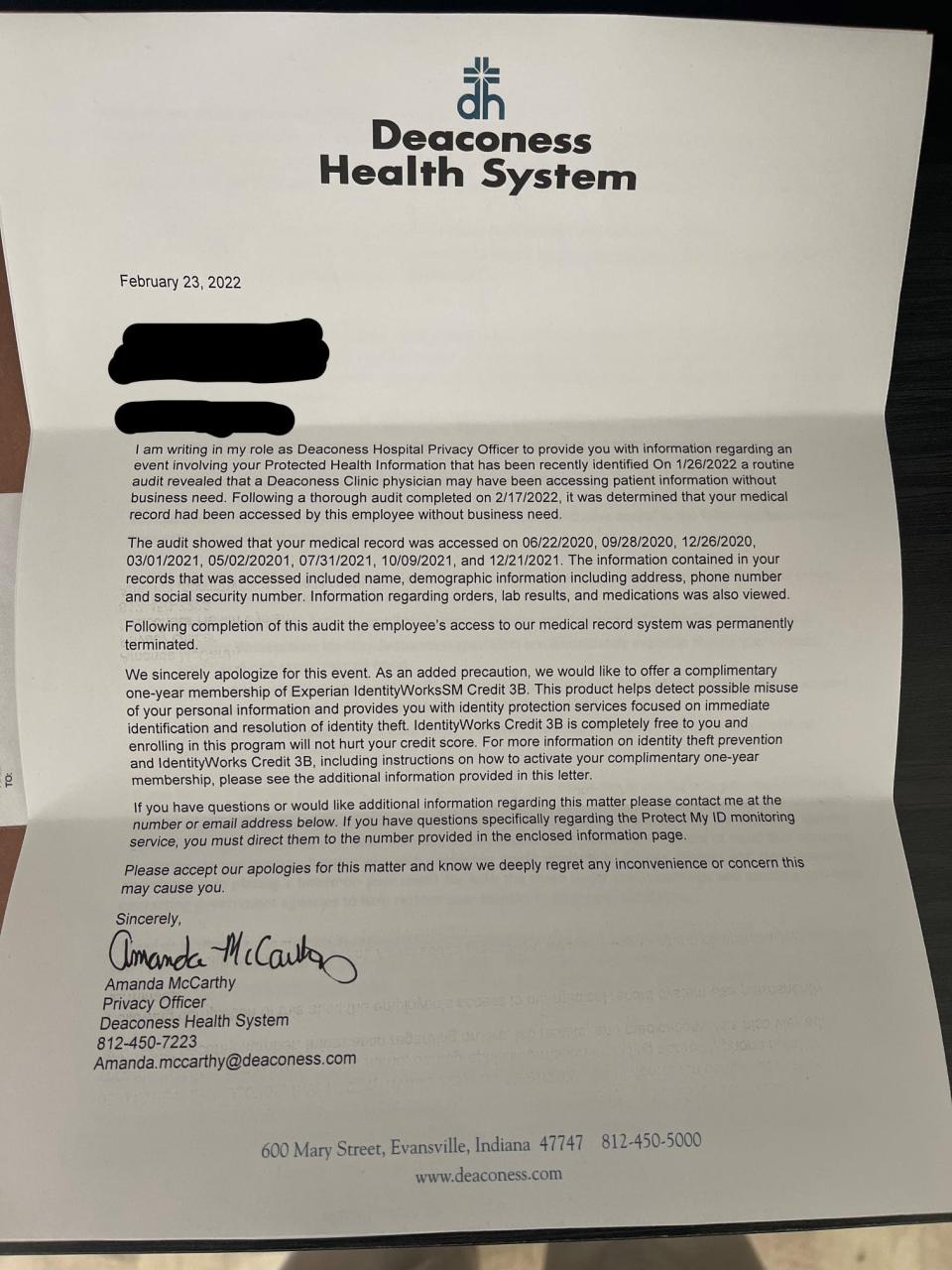 An Indianapolis law firm said it is pursuing claims on behalf of local women who received this letter from Deaconess Health System notifying them their personal medical records were accessed.