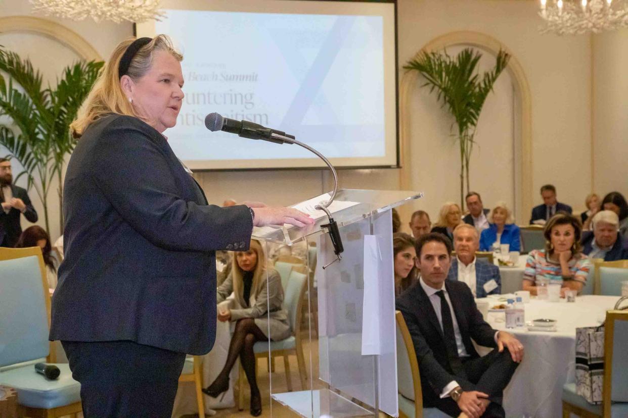 Town of Palm Beach mayor Danielle Moore makes remarks Tuesday during the second annual Palm Beach Summit on Countering Antisemitism at the Colony Hotel. The event was hosted by Palm Beach Synagogue.