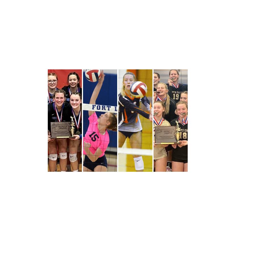 This is a composite image of girls volleyball from the 2022 season, including some members of the Erie Times-News All-District 10 teams. Pictured are, from left, members of Conneaut's team posing with the District 10 Class 3A trophy; McDowell's Macy Testa; Corry's Tayler Elchynski; and members of North East's team posing with the District 10 Class 2A trophy.