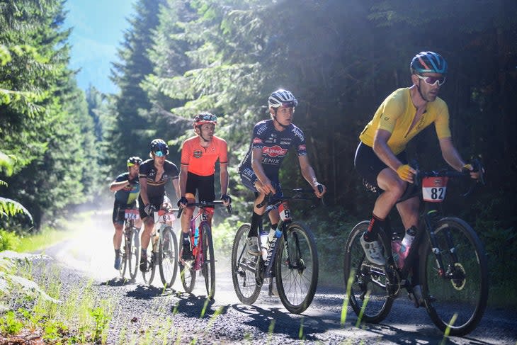 <span class="article__caption">Geoff Kabush, Eddie Anderson, Pete Stetina, Ryan Petry, and Cory Wallace chug up one of the numerous climbs during the Queen’s Stage of the 2021 OTGG</span> (Photo: Adam Lapierre)