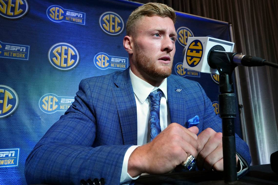 Kentucky quarterback Will Levis speaks to reporters during SEC Media Days in Atlanta on Wednesday. Levis said he appreciates the respect that comes with entering fall practice as the established starter.