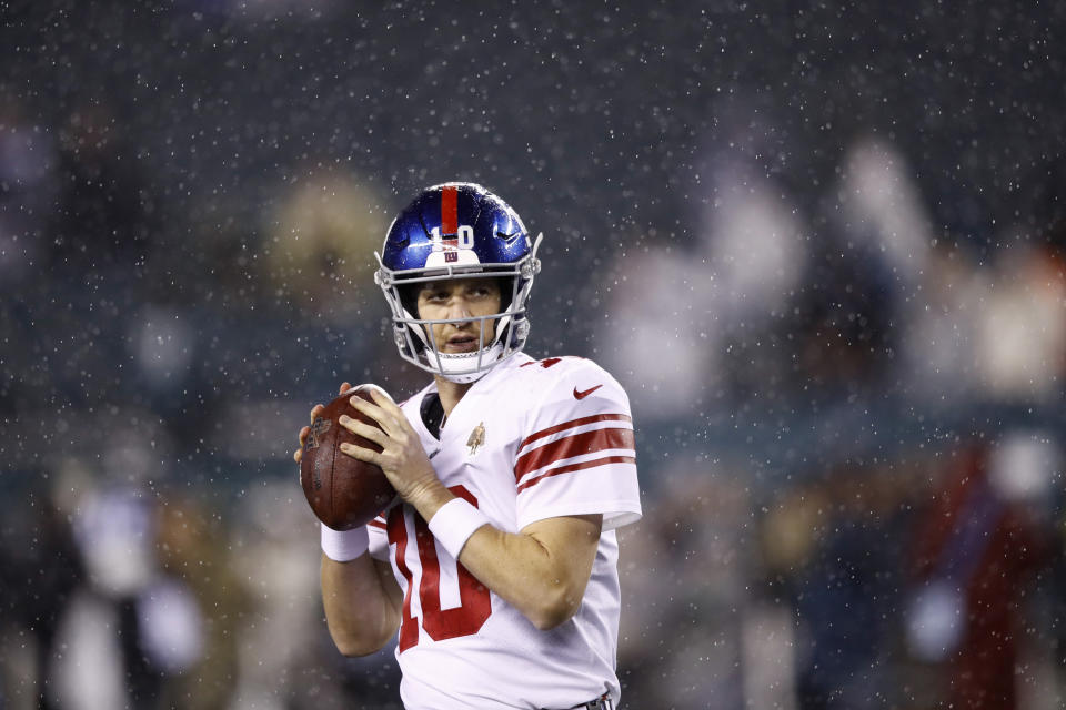 New York Giants' Eli Manning warms up before an NFL football game against the Philadelphia Eagles, Monday, Dec. 9, 2019, in Philadelphia. (AP Photo/Matt Rourke)