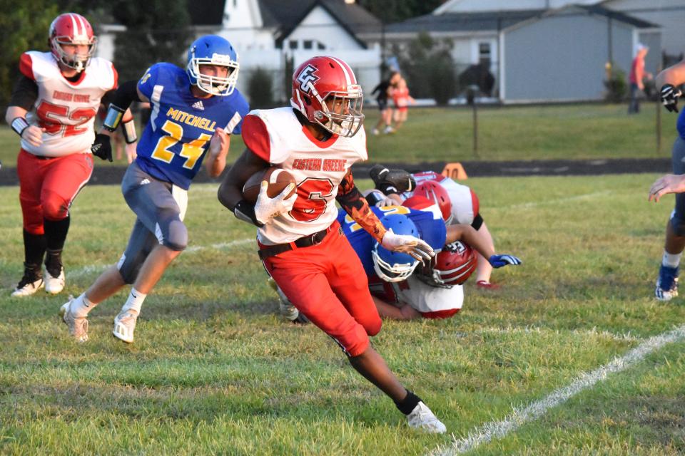 Eastern Greene running back James Lewis IV makes a cut against Mitchell in their 2021 game. Lewis, a junior, will carry much of the offensive load for the T-Birds this year.