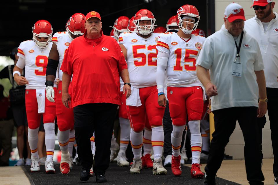 Kansas City Chiefs head coach Andy Reid leads his team through the tunnel onto the field before a NFL football game Sunday, Sept. 17, 2023 at EverBank Stadium in Jacksonville, Fla. The Kansas City Chiefs defeated the Jacksonville Jaguars 17-9. [Corey Perrine/Florida Times-Union]