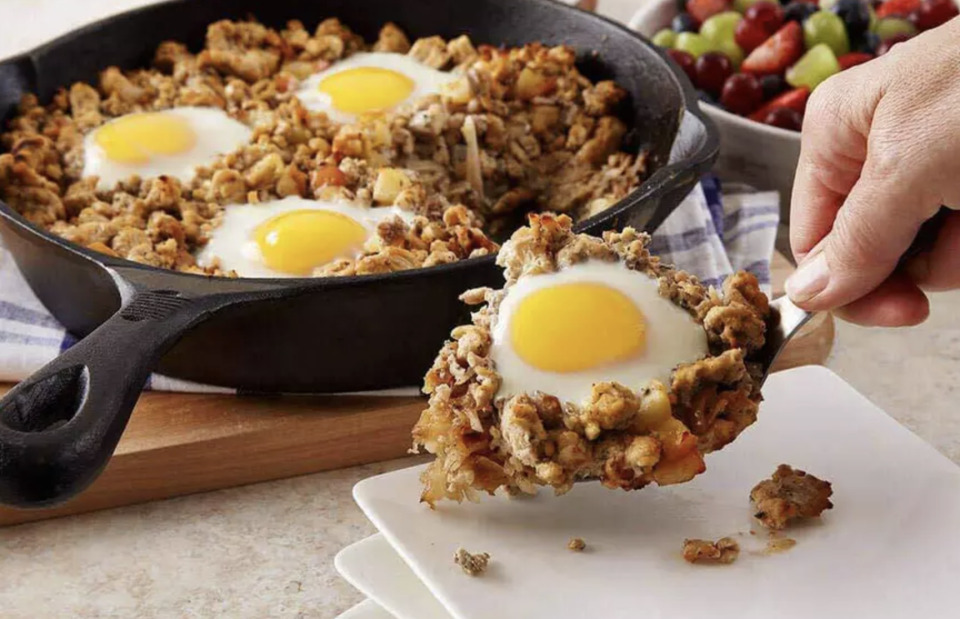 <p>This chicken breakfast <a href="https://bestreviews.com/best-skillets?referrer=yahoo&category=beauty_food&include_utm=1&utm_medium=referral&utm_source=yahoo&utm_campaign=feed" rel="nofollow noopener" target="_blank" data-ylk="slk:skillet;elm:context_link;itc:0;sec:content-canvas" class="link ">skillet</a> is perfect for fall, when sage and apples are in ample supply. The breakfast skillet has an almost stuffing-like quality, but with sunnyside eggs cracked on top. </p> <p><a href="https://www.thedailymeal.com/recipes/hearty-apple-chicken-breakfast-skillet-recipe?referrer=yahoo&category=beauty_food&include_utm=1&utm_medium=referral&utm_source=yahoo&utm_campaign=feed" rel="nofollow noopener" target="_blank" data-ylk="slk:For the Hearty Apple Chicken Breakfast Skillet recipe, click here.;elm:context_link;itc:0;sec:content-canvas" class="link ">For the Hearty Apple Chicken Breakfast Skillet recipe, click here.</a></p>