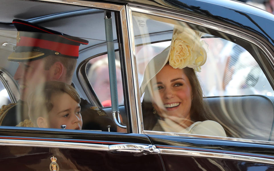 In this candid shot, William and Kate share a laugh as they depart Windsor Castle after the <a href="https://www.huffpost.com/entry/meghan-markle-prince-harry-wedding-anniversary_n_5ec2b6ffc5b64bc3dc943183" target="_blank" rel="noopener noreferrer">royal wedding of Harry and Meghan Markle</a> on May 19, 2018.