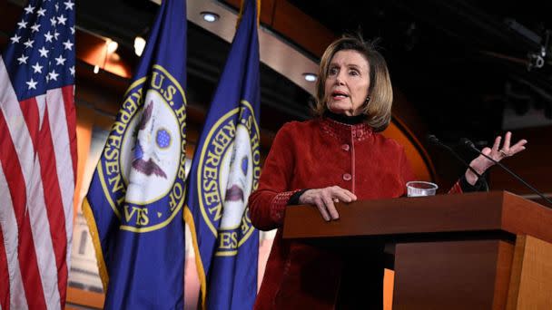 PHOTO: US Speaker of the House, Nancy Pelosi speaks during her final weekly press briefing in the US Capitol Visitor Center in Washington, D.C., on Dec. 22, 2022. (Mandel Ngan/AFP via Getty Images)