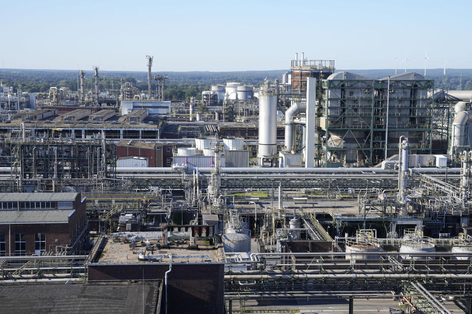 German specialty chemicals company Evonik Industries produces at its location at the Marl Chemical Park in Marl, Germany, Thursday, Sept. 7, 2023. (AP Photo/Martin Meissner)