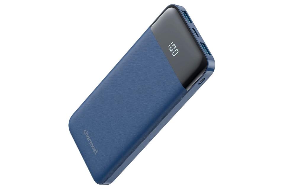 A blue portable phone charger.