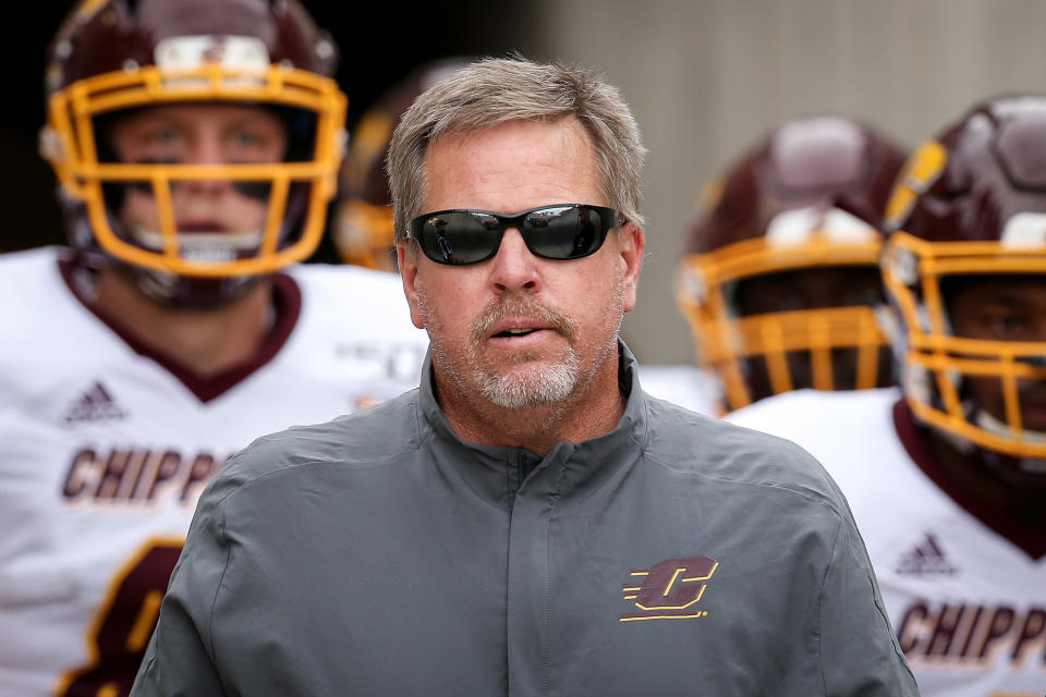 MADISON, WISCONSIN - SEPTEMBER 07:  Head coach Jim McElwain of the Central Michigan Chippewas walks to the field with his team before the game against the Wisconsin Badgers at Camp Randall Stadium on September 07, 2019 in Madison, Wisconsin. (Photo by Dylan Buell/Getty Images)