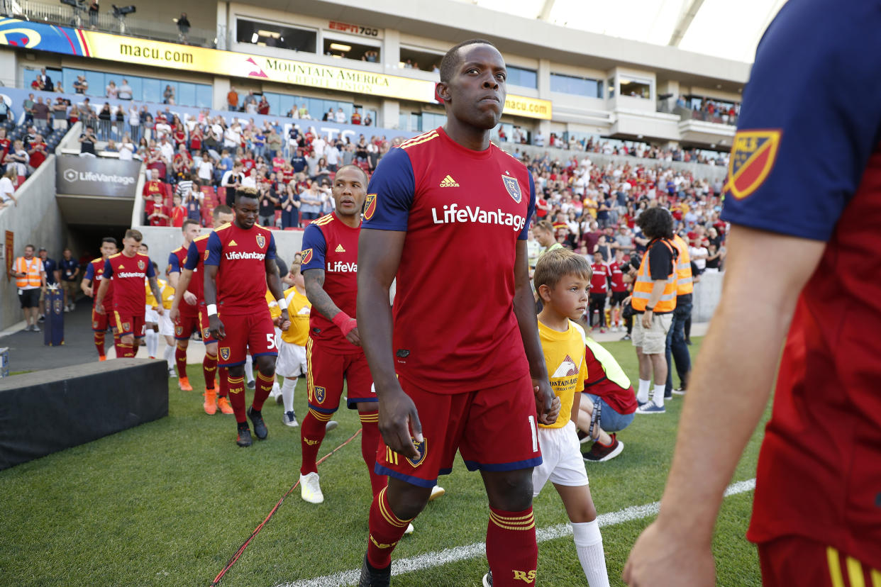 Jul 3, 2019; Sandy, UT, USA; Real Salt Lake defender Nedum Onuoha (14) walks on the field prior to their game against the Columbus Crew at Rio Tinto Stadium. Mandatory Credit: Jeff Swinger-USA TODAY Sports