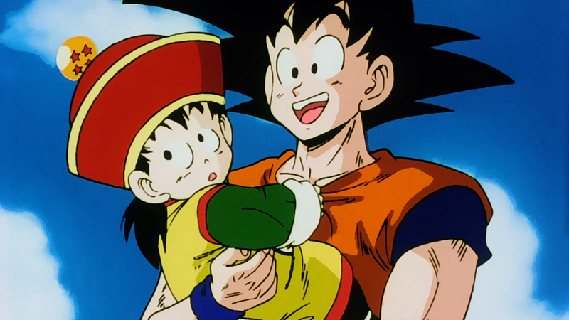 Goku in the Dragon Ball Z anime holds Gohan as a toddler.