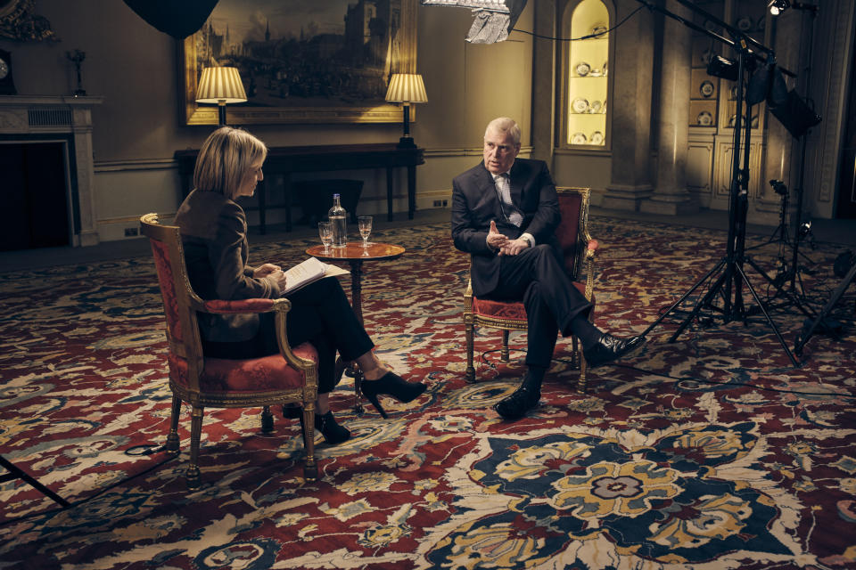 Undated BBC handout photo showing the Duke of York , speaking for the first time about his links to Jeffrey Epstein in an interview with BBC Newsnight's Emily Maitlis.